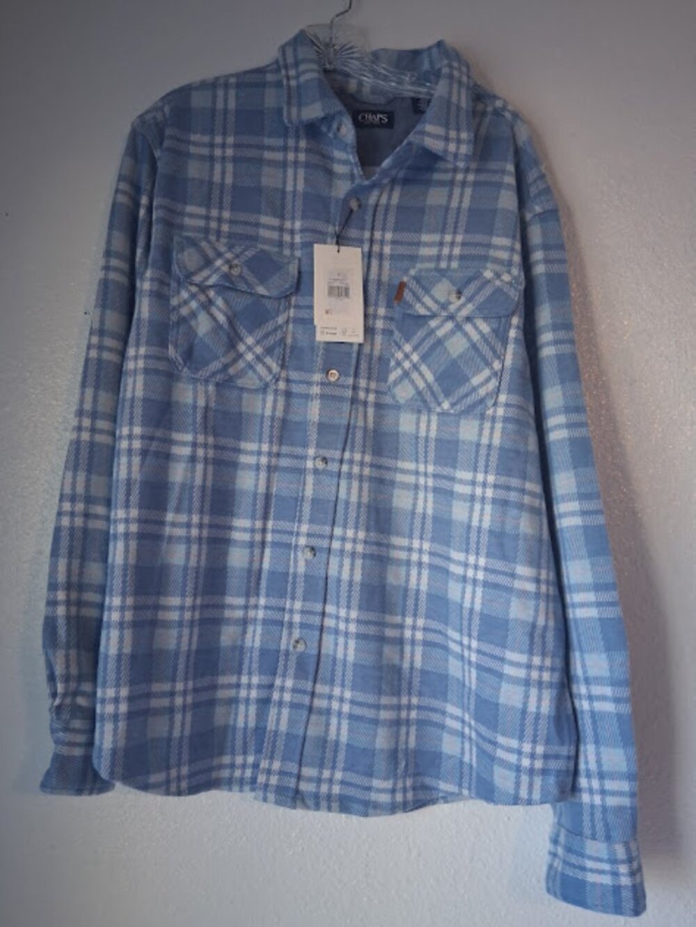 Chaps men's size L blue, white and pink plaid shirt